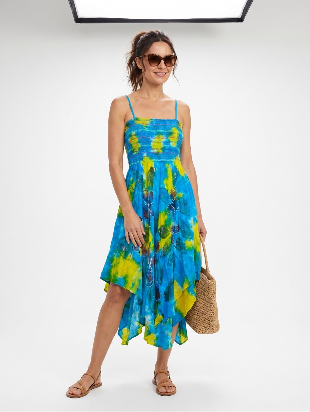 90s Boho Tie Dye Festival Dress Hand Painted Sequin VTG  M